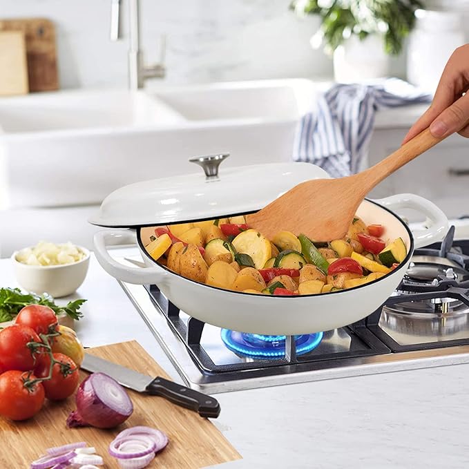 COOKWIN Enameled Cast Iron Braiser Pan, 3.8 Quart Shallow Dutch Oven with Lid, Heavy Duty Casserole Skillet with Dual Handles for Family or Friends Gifts, Oven-Safe to 500°F, White