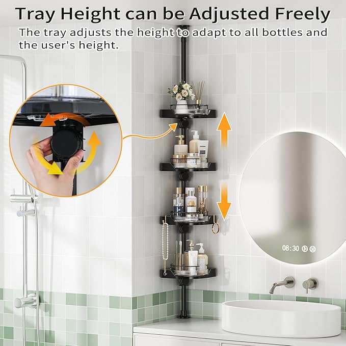 shuang qing 360° Rotating Corner Shower Caddy Tension Pole Organizer - 4-Tier Adjustable Rustproof Metal Pole, Plastic Shelves with Safety Guardrail, Bathroom Storage for Shower & Bathtub(Black)