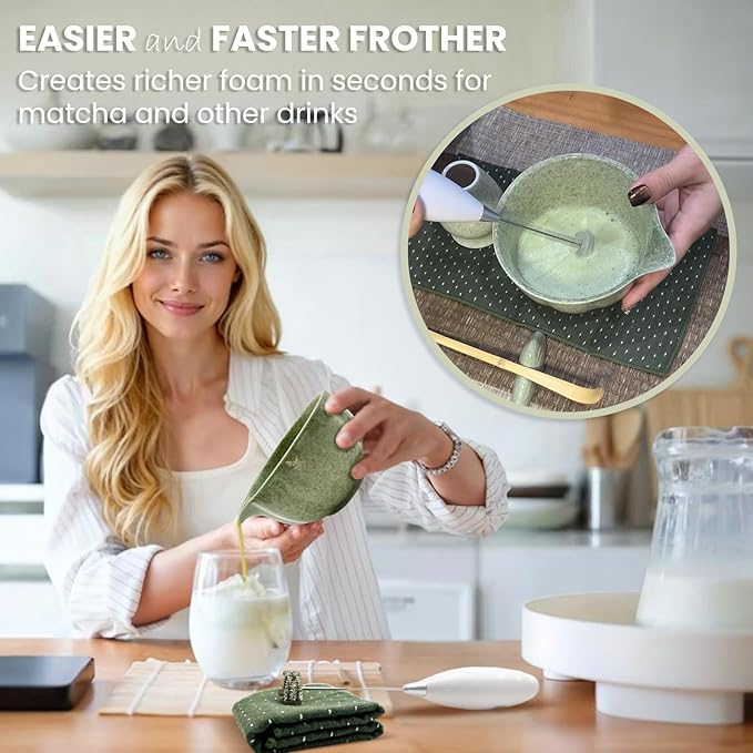 Matcha Whisk Set Incl. Ceramic Bowl With Spout, Whisk (Chasen), Stand, Bamboo Scoop, Sifter, Electric Frother, Tea Towel etc. 9 Pcs Matcha Making Starter Kit, Blue&White