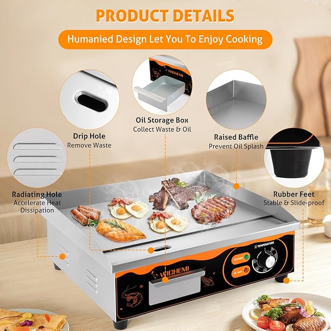WICHEMI 22" Electric Grill Commercial Countertop Griddle Flat Top Grill Hot Plate Non-Stick Stainless Steel Teppanyaki Grill for Restaurant Kitchen, 110V 3000W