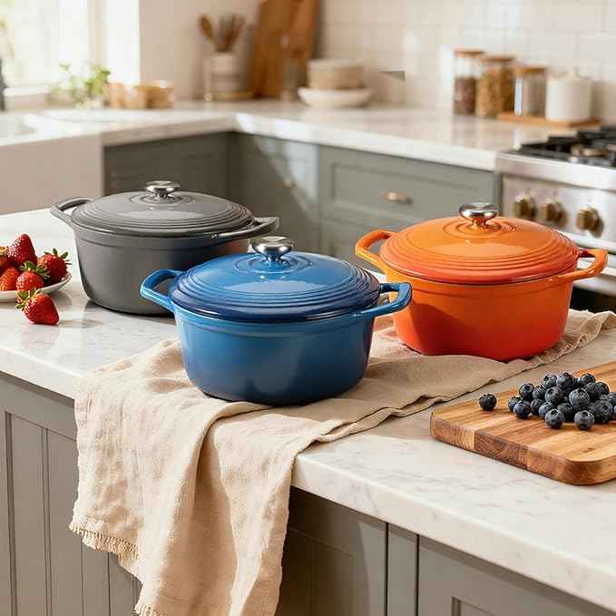 Overmont Refined Enameled Cast Iron Dutch Oven - 5.5QT Pot with Wide Handles Lid Cookbook & Cotton Potholders - Heavy-Duty Pre-Seasoned Cookware Oven Safe to 500°F for Braising, Stews, Roasting, Bread Baking