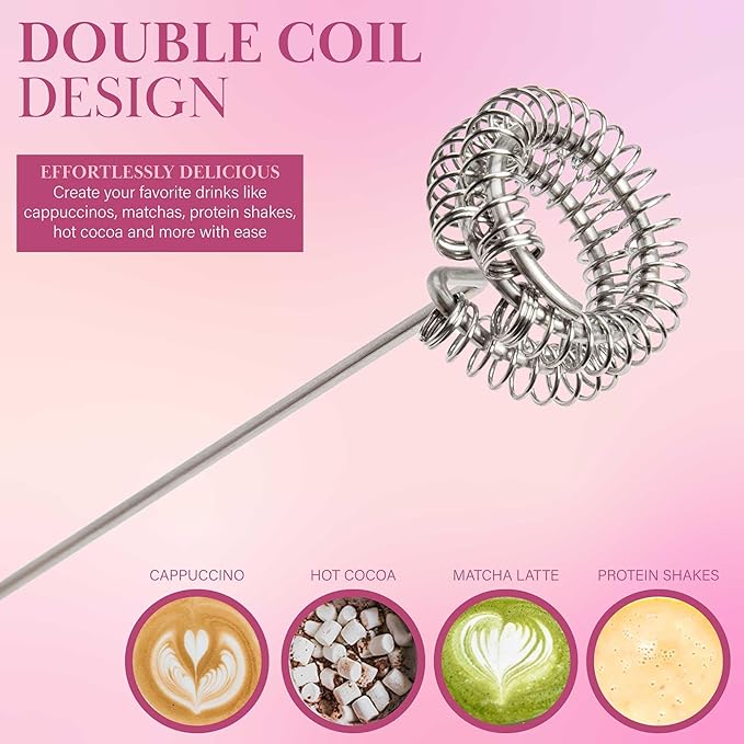 Paris Hilton Electric Handheld Milk Frother with Double Coil Head Whisk and Gold Metal Stand, Battery Powered (2 AA Batteries Required but Not Included), Pink