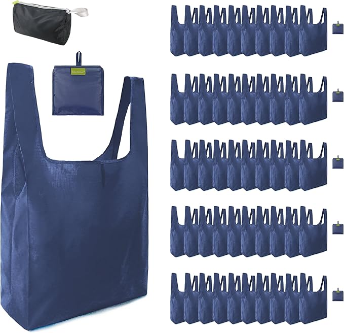 BeeGreen Navy Blue Reusable Grocery Bags Wholesale Reusable Kitchen Bags Bulk Foldable-Machine Washable with Zipper Storage Pouch 50 Packs