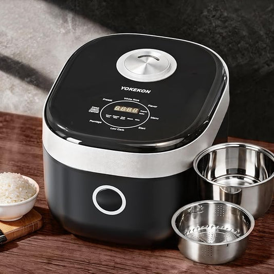 YOKEKON Rice Cooker Stainless Steel Inner Pot PFAS-Free Dishwasher Safe, Low Carb & Low Sugar Large Rice Cookers 8 Cup with Steamer Basket, 24H Delay Timer and Auto Keep Warm Feature,Black