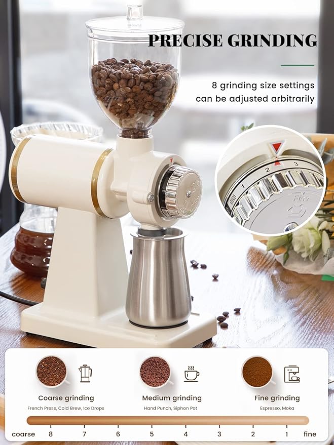 Huanyu Electric Coffee Bean Grinder 250G Commercial&Home Milling Grinding Machine 200W Automatic Burr Grinder Professional Miller 8 Fine - Coarse Grind Size Settings (White)