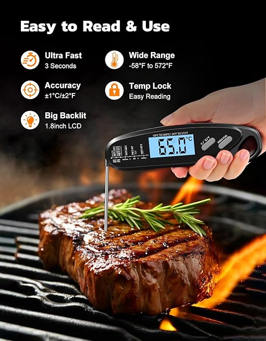 Instant Read Meat Thermometer Digital for Cooking & Grilling with Dual Probe, Big Backlit & Calibration, Food Thermometer for Grill, Smoker, BBQ, Oven, Oil Fry, Outdoor Kitchen Appliances