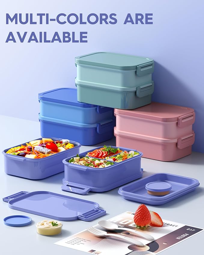 KEMETHY Adults Bento Lunch Box Set with Thermo Bag, 74oz Stackable Leak-proof 3-tiers Bento Box, Built-in Utensil and Sauce Container for Work, School, Dining Out (Purple)