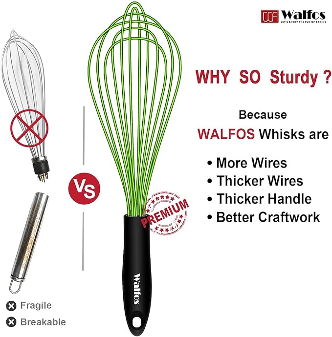Walfos Silicone Whisk, Rubber Whisks for Cooking, Baking (11,9,8.5 inch) - Heat Resistant Kitchen Whisks for Non-stick Cookware, Balloon Egg Beater Perfect for Blending, Whisking, Beating, Frothing