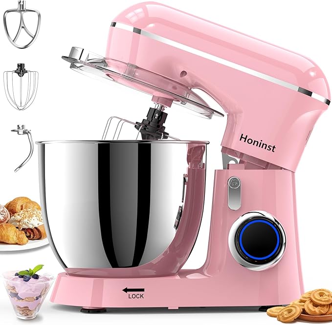 Honinst Stand Mixer, 6.5QT 10-Speed Tilt-Head Electric Stand Mixer, 3-In-1 Kitchen Mixer with Bowl, Dough Hook, Whisk and Beater, Food Mixer for Baking, Cake and Most Home Cooks, Pink