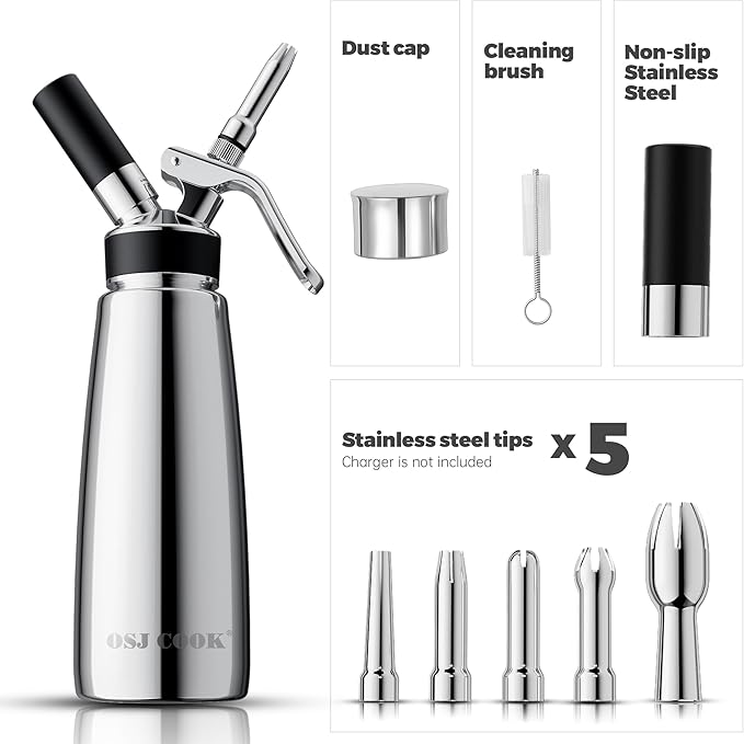 OSJCOOK Whipped Cream Dispenser Stainless Steel Cream Whipper Mirror Finish,500 mL/1 Pint Professional Cream Maker,5 Various Stainless Decorating Nozzles,1 Cleaning Brush,N2O Chargers NOT included
