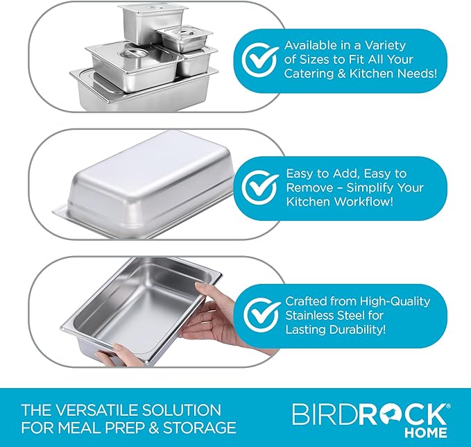 BIRDROCK HOME Stainless Steel Steam Table Pan - Hotel, Restaurant & Catering Supplies - 24 Gauge Steel, 2 qt Capacity - Meal Prep, Cooking, & Food Storage Container - 2.5" Depth, 1/4-Size (6 Pack)