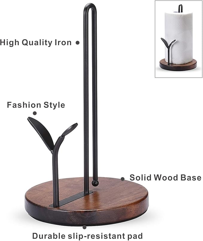 Standing Paper Towel Holder, Kitchen Paper Hanger Rack, Simply Tear Wooden Paper Towel Organizer Roll Dispenser for Cabinet Countertop Dining Room Table, Black