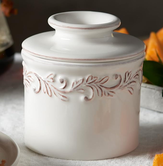Butter Bell - The Original Butter Bell crock by L Tremain, a Countertop French Ceramic Butter Dish Keeper for Spreadable Butter, Antique Collection, White Linen
