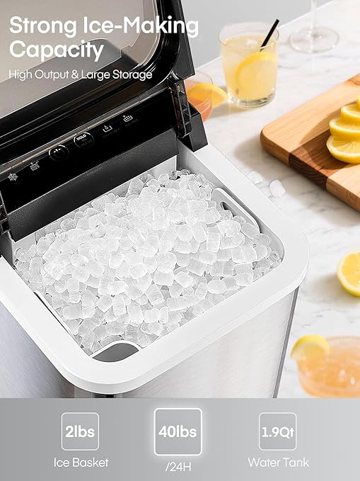 Nugget Ice Maker Countertop, 40lbs/24H Chewable Pellet Ice Machine with Self-Cleaning, Ready in 6 Minutes, Portable Ice Makers with Basket and Scoop for Home, Kitchen, Office (Silver)