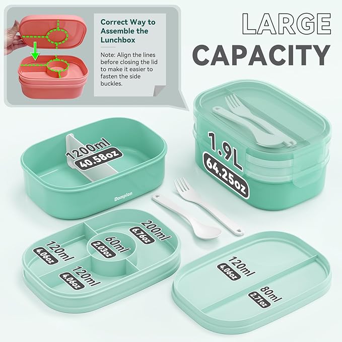 2 Layers Bento Box, All-in-One Stackable Lunch Container with Compartments, 64oz Leakproof Microwave Safe Dishwasher Safe Bento Box with Lunch Bag and Utensil Set for Kids and Adults