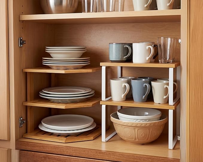Nuanchu 3 Pcs Cabinet Organizer Shelf Bamboo Corner Rack for Kitchen Counter and Kitchen Counter Shelves for Storage Plates Dishes Bowls Bread Spice Rack Stackable Expandable