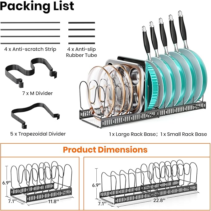 MUDEELA Expandable Pots and Pans Organizer Rack under Cabinet, Pots Lid Organizer Rack for Kitchen Cabinet Organizers and Storage with 12 Adjustable Dividers Cutting Board Holder & Anti-Scratch Strips