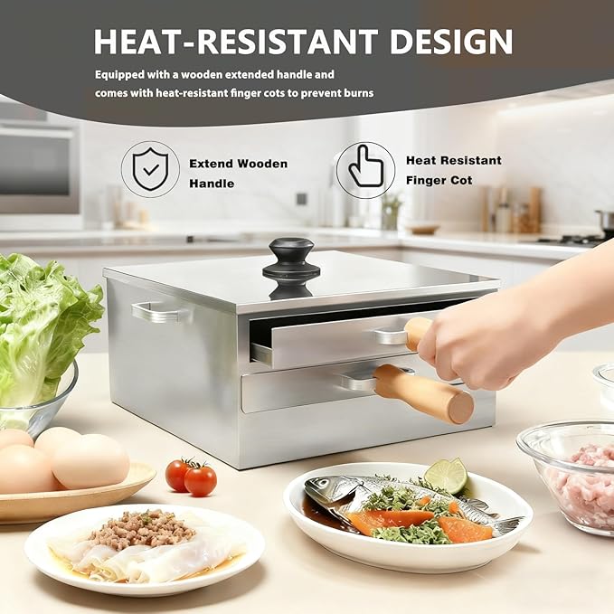 Rice Roll Steamer, Cantonese Stainless Steel 2-Tier Rice Noodles Steamer Machine, Steam Rice Roll Maker with Long Wooden Handle for Commercial and Home Use for Cheung Fun/Dumplings/Dim Sum