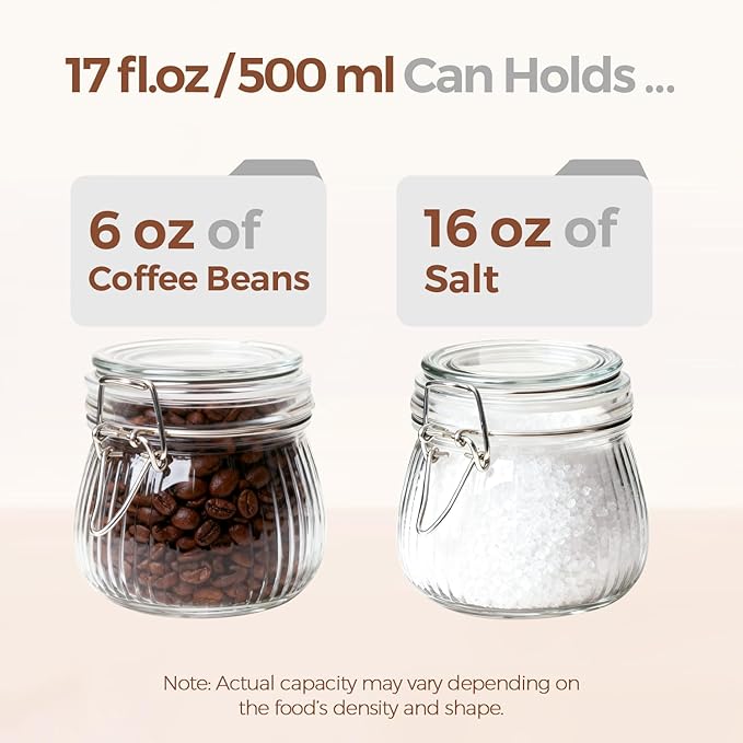 ComSaf 6-Pack 17oz Ribbed Glass Storage Jars with Airtight Clamp Lids, Decorative Wide Mouth Pint Canisters for Jam, Spices, Nuts, Snacks - Ideal for Kitchen Pantry and Drawer Organization