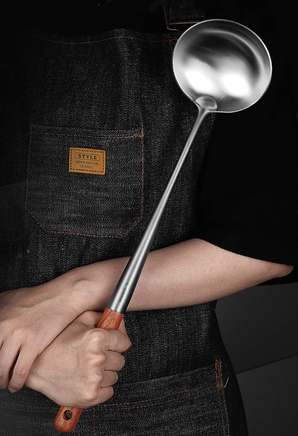 FJNATINH Soup Ladle, 17inches Ladle for wok, 304 Stainless Steel Soup Spoon Cooking Spoon for Kitchen with Wooden Handle