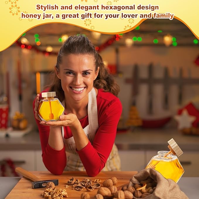 Sunnyray 30 Pcs Glass Honey Jars with Dipper Hexagonal Clear Glass Dispenser Small Honey Containers Bottle with Wooden Dipper and Cork Lid for Home Storage Kitchen (220 ml)