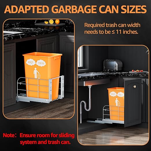 Pull Out Trash Can Under Cabinet with Soft-Close Slides,Heavy Duty 40 Qt Under Sink Trash Can for Kitchen,Garbage Can Not Included, Requires Minimum Cabinets Opening 12" W X 17" D