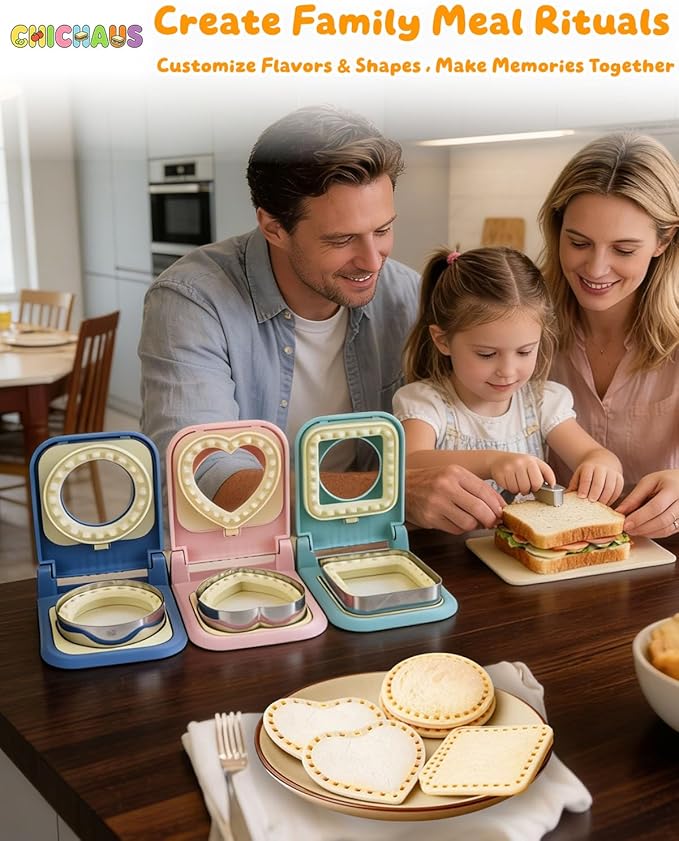 3-in-1 Uncrustable Sandwich Maker - Heart/Round/Square Crustless Sandwich Cutter & Sealer for Kids' Lunch, Breakfast & Lunchboxes | BPA-Free Uncrustable Press,Easy Clean (3-Shape Light Blue)