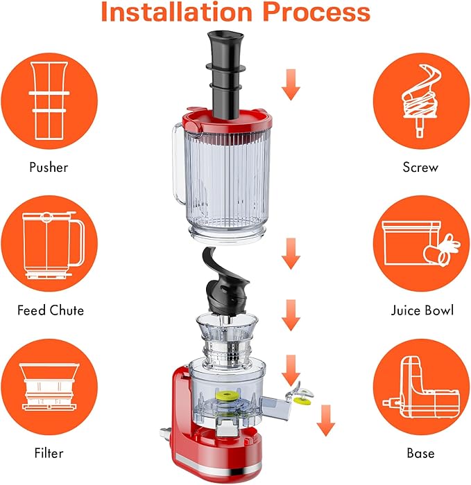 Juicer Attachment for KitchenAid, Cold Press Slow Juicer with 4.9" Large Feed Chute for Whole Fruits & Vegetables, Includes 2 * 1L Measuring Cups for KitchenAid Accessories and Attachments, Red