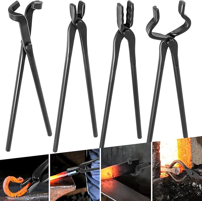 Blacksmith Tongs Knife Making Tongs Set V-Bit Blade Tongs, Flat Tongs, Blade Tongs, Wolf Jaw Tongs, Assembled Blacksmithing Bladesmith Steel Forge Tongs (4PCS)