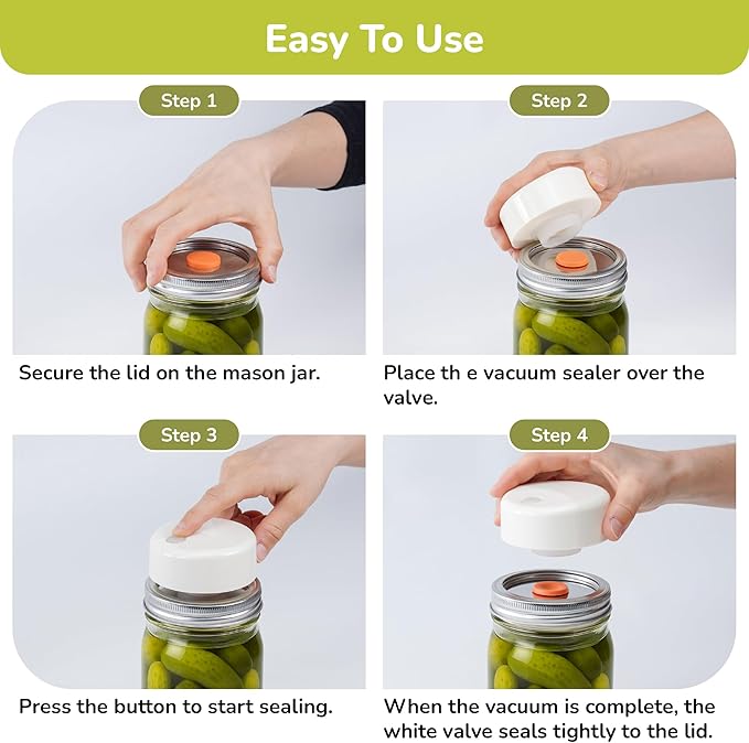 Mason Jar Vacuum Sealer Kit – Auto-Stop Electric Vacuum Sealer with Reusable Stainless Steel Lids, Compatible with Ball & Kerr Canning Jars.(Orange Valve)