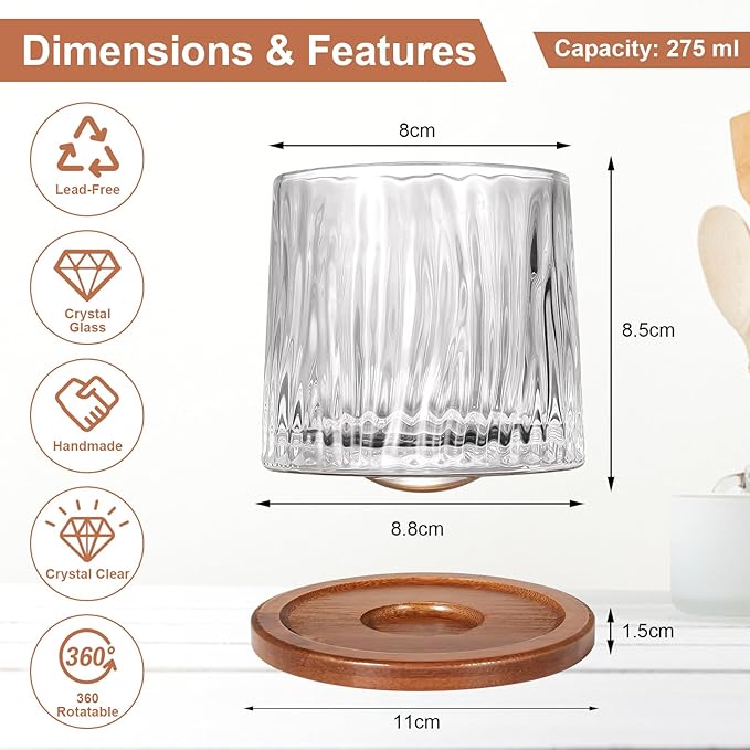 Rotatable Old Fashioned Glass, 275ml/10oz Crystal Whiskey Glass Set of 4, Wood Coaster, Thickening, Used as Rum Glass, Cocktail Cup, Coffee Cup, Milk Cup to Relax and Reduce Stress, Christmas gifts