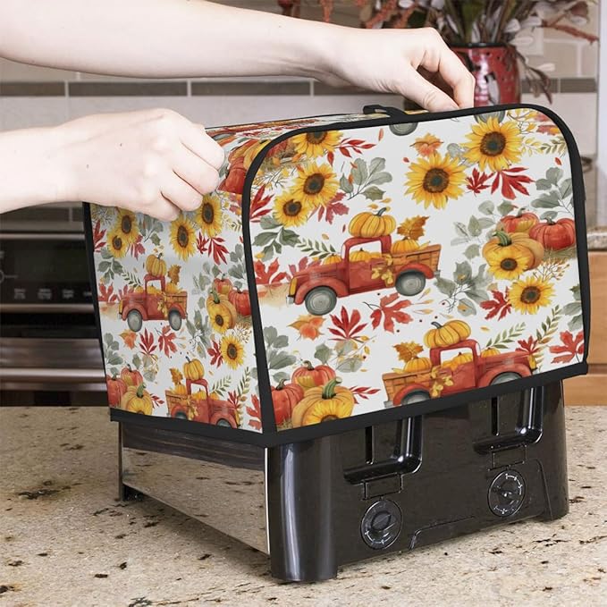 2 Slice Fall Toaster Cover,Thanksgiving Farm Truck Sunflower Small Kitchen Appliance Bread Machine Cover with Pockets,Dust & Fingerprint Protection