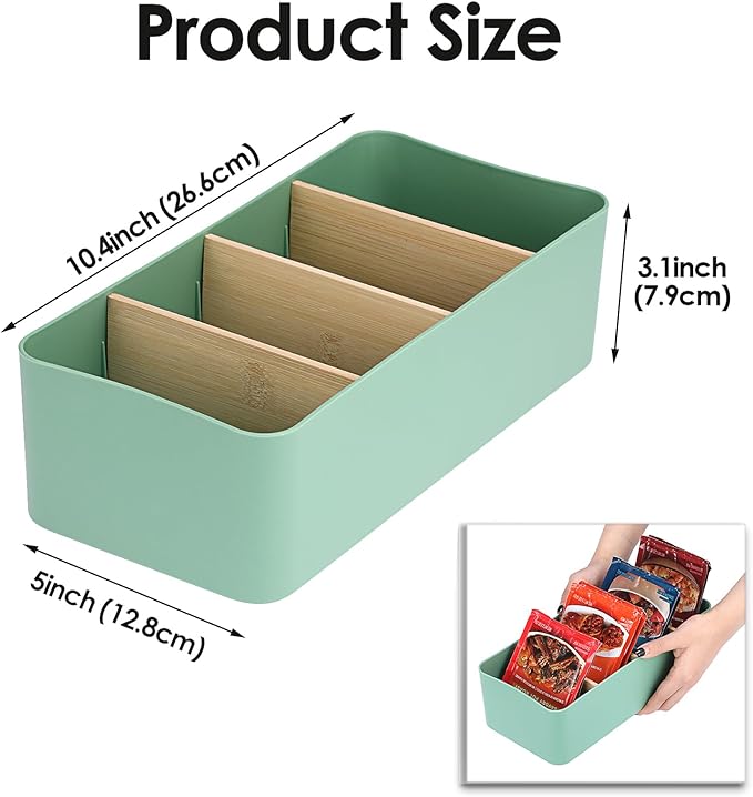 BSTKEY Seasoning Packet Organizer, Food Storage Organizer with Divided 4 Bamboo Wood Compartments, Green Plastic Storage Caddy for Pantry Cabinet, Kitchen Organization Bin for Snacks Spice Packets