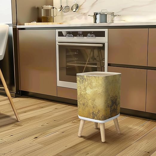 Small Trash Can with Lid Gold texture for cover cards flyers poster Bronze paint Stone backdrop Wastebasket with Press Cover Dog Proof Garbage Can Waste Bin for Kitchen Bathroom Nursery 2.6 Gallon