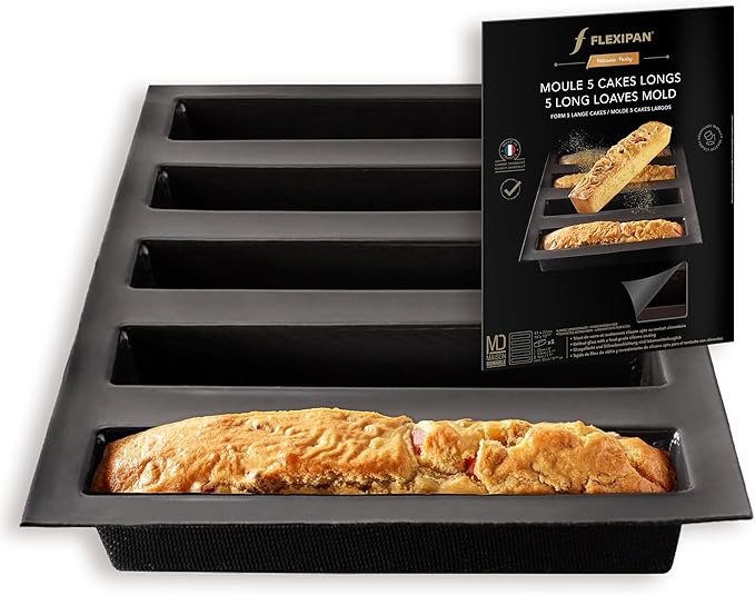 Flexipan by Silpat Baking Pan - The Original Non-Stick Mold Handcrafted in France Since 1965 - Trusted by World-Class Chefs - Certified Food Safe Flexipan Technology (5 Long Loaves)