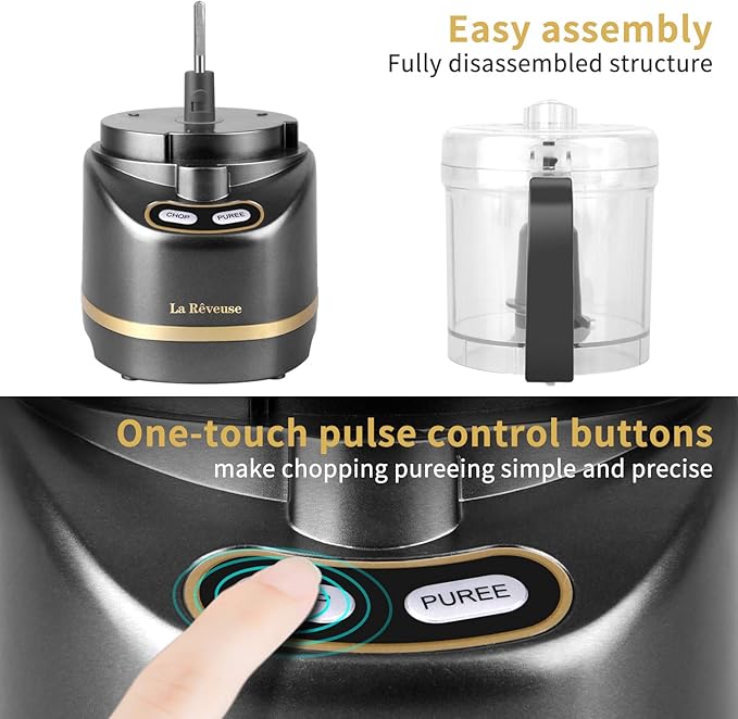 La Reveuse Electric Mini Food Processor with 200 Watts 2-Cup Prep Bowl for Mincing Chopping Grinding Blending Pureeing (Metallic Grey)
