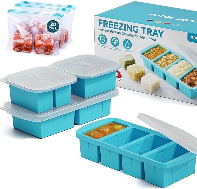 4-Pack Silicone Freezer Trays with Lid & 20 Bags - Multi-Size 1-Cup & 2-Cup Portions, Food-Grade Silicone Freezer Molds for Soup & Meal Prep - Freezer Storage Containers, Oven & Dishwasher Safe - Blue