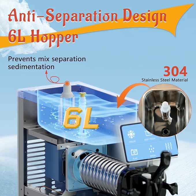 Soft Serve Ice Cream Machine, 4 to 4.5 Gal/H Ice Cream Maker 7 Inch Screen Soft Serve Machine with Pre-Cooling & Fresh-Keeping, 6L Stainless Hopper, Enclosed Body for Home Party Café Store
