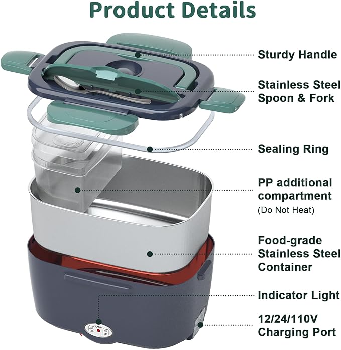 Electric Heated Lunch Box for Adults with 2 Pack 1.5L Containers, Portable 100W 3-IN-1 Fast Heated Lunch Box for Men, Portable Heating Food Warmer,12V/24V/110V for Car Truck Office Home Travel