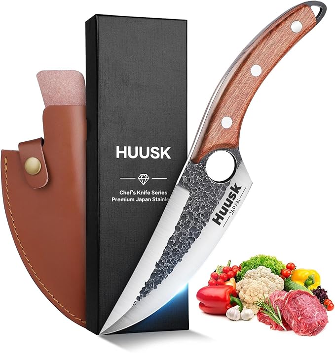 Huusk Chef Knives with Sheath, Hand Forged Viking Knife, Japanese Butcher Knife, Cool Caveman Knives for Kitchen and Outdoor Camping, Gift for Men and Women
