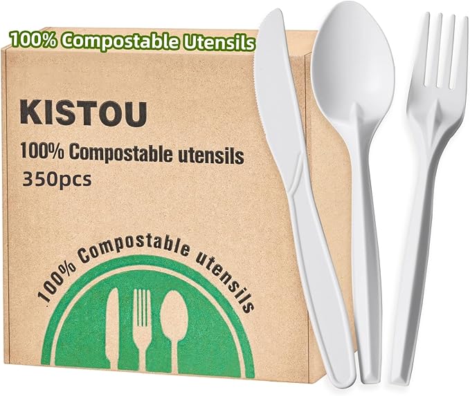 350pcs Compostable Cutlery Set Eco-friendly Heavy Duty Compostable Utensils Disposable silverwar No Plastic Biodegradable Utensils for party BBQ, Picnic Events,Daily Use