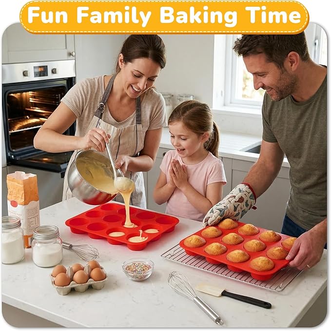 2 Pack Silicone Cupcake Pan for Baking, Nonstick Silicone Muffin Pans, 12 Cups Regular Size Cupcake Pan, Durable and Flexible, Quick-Release, Easy to Clean, Ideal for Home Baking and Party, Red