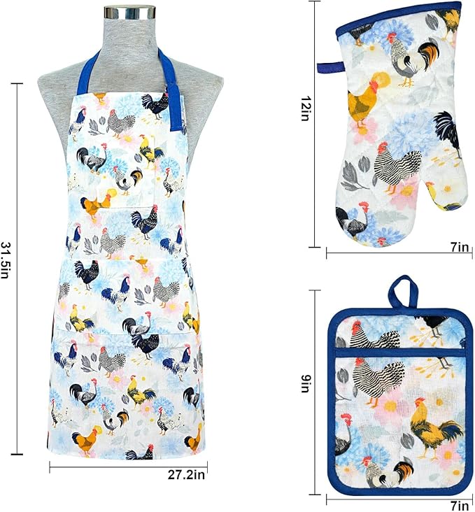 Alselo Oven Mitts and Pot Holders with Chef Apron,Set of 5 Heat Resistant Kitchen Gloves and Silicone Non-Slip Potholders Adjustable Neck Buckle Chef Apron, Cotton Nice Design for Cooking (Rooster)