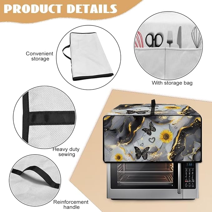 Convection Oven Cover Countertop Appliance Covers Stain-resistant Microwave Oven Protector for Kitchen Home Decor, L, Black Gray Gold Marble Butterfly Sunflower