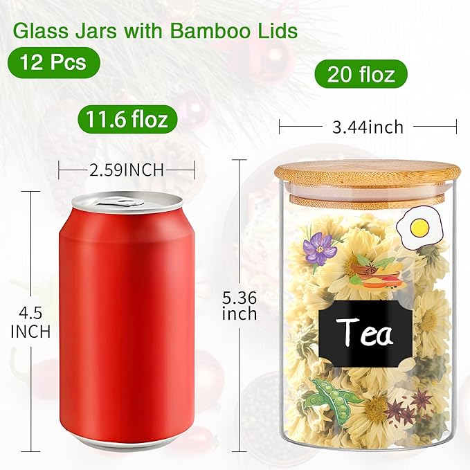 BGraceyy Glass Jars with Bamboo Lids 20 oz, 12 Pcs Stackable Kitchen Glass Pantry Storage Containers with Airtight Bamboo Lids for Rice, Candy, Sugar, Flour, Nuts, Cookie, Bean