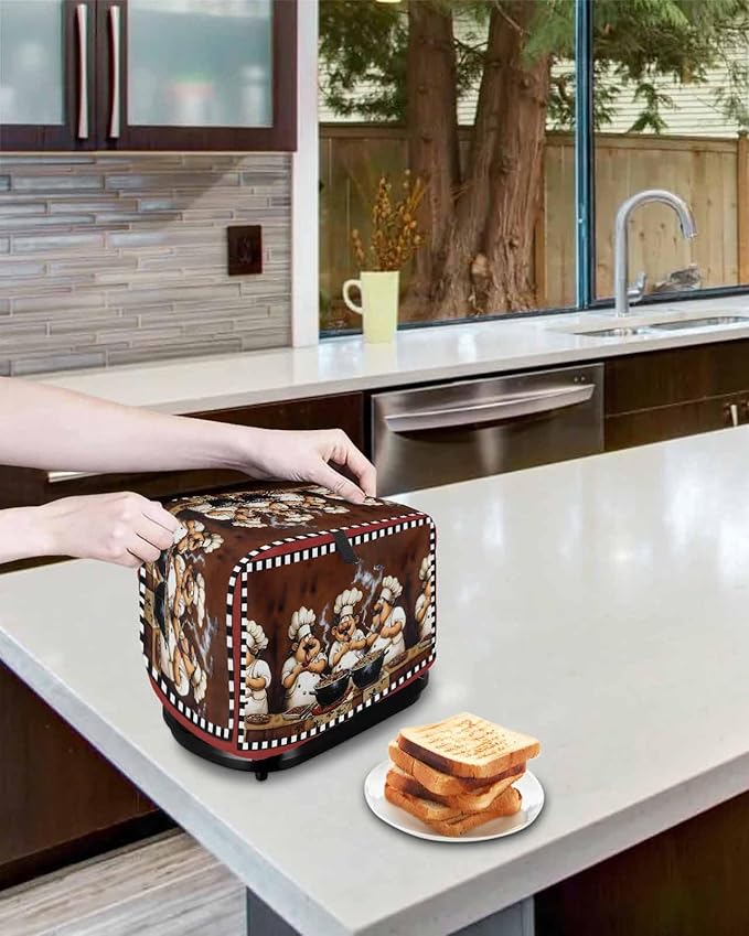 Kitchen Fat Chef Toaster Cover 4 Slice, Vintage Cook Gourmet Dustproof Bakeware Oven Protector with Top Hook, Red Black Plaid Waterproof Small Kitchen Appliance Toasters Dust Cover, 12"x11"x8"