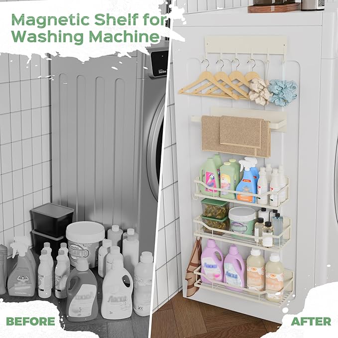 5 Pack Multifunctional Magnetic Shelves for Refrigerator Spice Rack & Washing Machine Organize, Include Paper Towel Holder, Kitchen Utensil Hanger and Hooks, Strong Magnet for Secure Hold (Cream)
