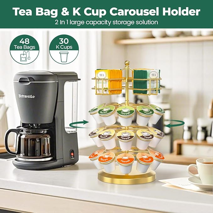 EsLuker.ly K Cup Holder Coffee Pod Organizer Carousel for Countertop, Rotatable Metal 4-Tier Storage Rack Stand for 30 K Cups & Tea Bags, Convenience Meets Elegance, Gold