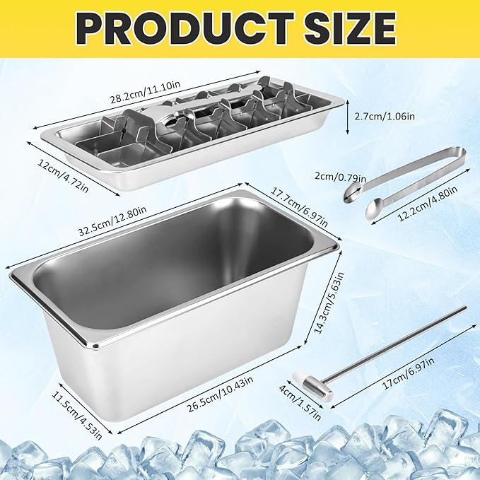 Stainless Steel Ice Cube Trays and Bucket, Metal Ice Cube Mold Trays for Freezer, Vintage Design with Release Lever Remove Handle for Making Large Cubes Kitchen Bar (Tweezers & Hammer)
