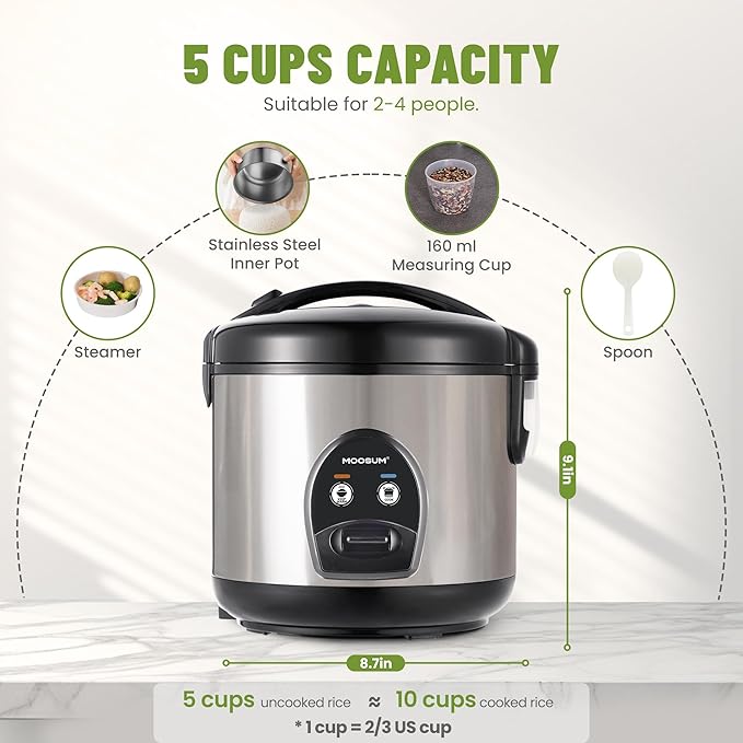 5-Cup Uncooked Rice Cooker, Electric One-Touch for Asian Japanese Sushi, Stainless Steel Inner Pot with Removable Lid & Steamer, Automatic Keep Warm, Silver